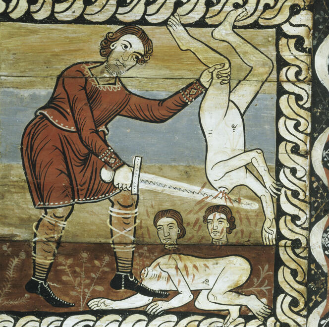L'une des 153 fresques en bois peint (vers 1150) du plafond de l'église romane Saint-Martin, à Zillis (Suisse), représentant  le massacre des Innocents.