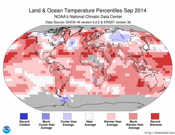 Classement des températures moyennes régionales pour septembre 2014.