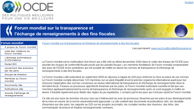 Page d'accueil du Forum mondial sur la transparence et l'échange de renseignements à des fins fiscales organisé par l'OCDE (capture d'écran).