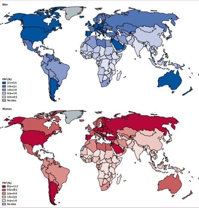 Fraction des cancers attribuables à l'obésité, en 2012, par pays, chez les hommes (en bleu) et les femmes (en rouge).