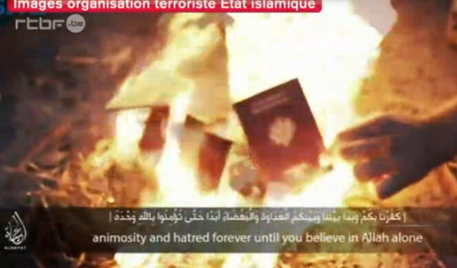 Capture d’écran d’une vidéo de propagande de l’Etat islamique du 20 novembre, montrant des Français partis combattre au sein de l'organisation qui brûlent leurs passeports.
