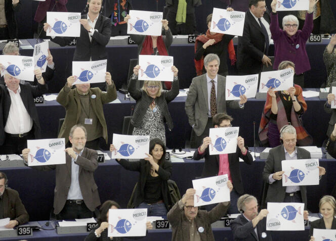 Des députés écologistes au Parlement à Strasbourg, satisfaits après un vote sur la politique commune de la pêche, le 6 février 2013.