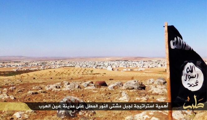 Le drapeau de l'Etat islamique mis en scène sur un plateau près de la ville syrienne de Kobané. L'image a été diffusée par le groupe sur son média Wilayat halab, le 10 octobre 2014.