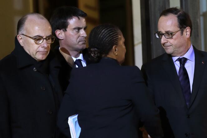 Bernard Cazeneuve, Manuel Valls, Christiane Taubira et François Hollande à l'Elysée, vendredi 9 janvier.