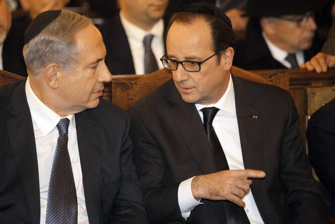 Le premier ministre israélien Benyamin Nétanyahou et le président François Hollande dimanche 11 janvier à la Grande synagogue de Paris.