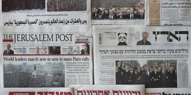 Les unes de la presse israélienne au lendemain de la marche républicaine à Paris, le 12 janvier.