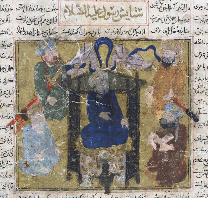 Le Prophète assis sur un trône, surmonté par les anges et entouré de ses compagnons. Illustration du Livre des rois du poète persan Ferdowsi, probablement exécutée à Chiraz au début du XIVe siècle.