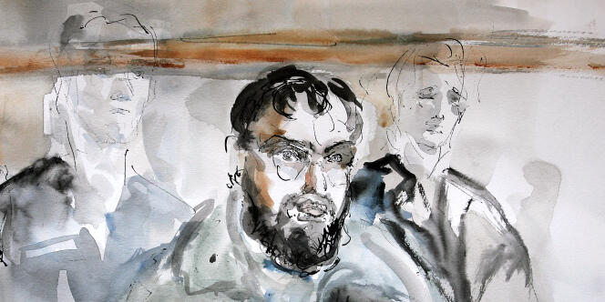 Croquis d’audience réalisé le 4 janvier 2005 au tribunal correctionnel de Paris, montrant le Franco-Algérien Djamel Beghal lors de l’ouverture du procès du réseau de terroristes islamistes accusé d’avoir voulu commettre un attentat-suicide contre l’ambassade des Etats-Unis à Paris, dans le courant de l’année 2002.