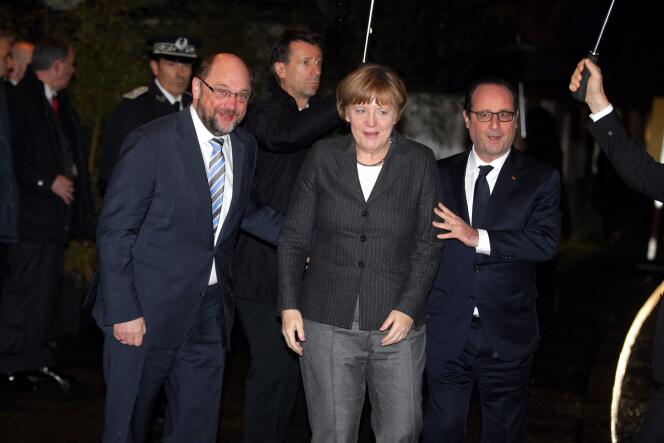 François Hollande, Angela Merkel et Martin Schulz, le 30 janvier, a Strasbourg.