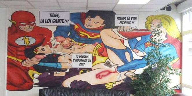 Fresque de la salle de garde du CHU de Clermont-Ferrand, qui a fait polémique en janvier. Elle est aujourd'hui effacée.