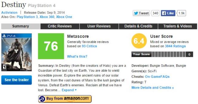 Note Metacritic de Destiny peu après son lancement