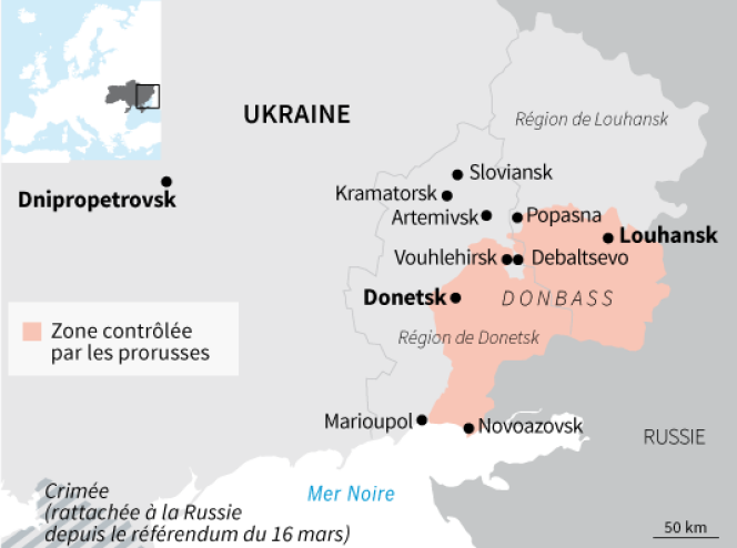 Les zones contrôlées par les rebelles prorusses dans l'est de l'Ukraine à la mi-février.