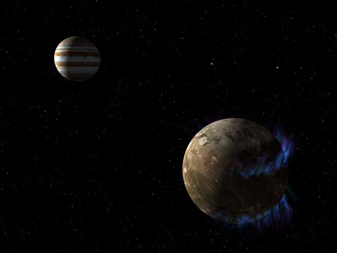 Vue d'artiste de Ganymède en orbite autour de Jupiter.