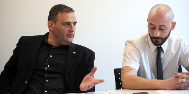  Yvan Benedetti et Christophe Chagnon, candidat aux élections départementales, à Echirolles le 17 mars. 