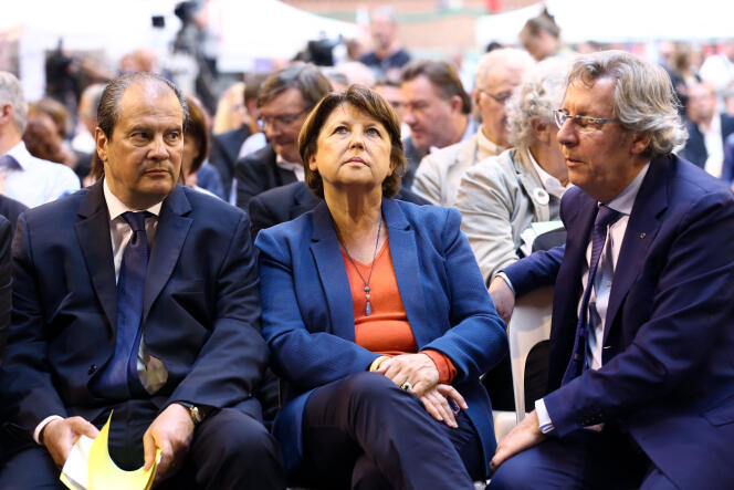 Martine Aubry, maire de Lille, Jean Christophe Cambadelis, premier secrétaire du PS, et Gilles Pargneaux, premier secrétaire de la fédération socialiste du Nord, le 13 septembre 2014 à Lomme Nord.