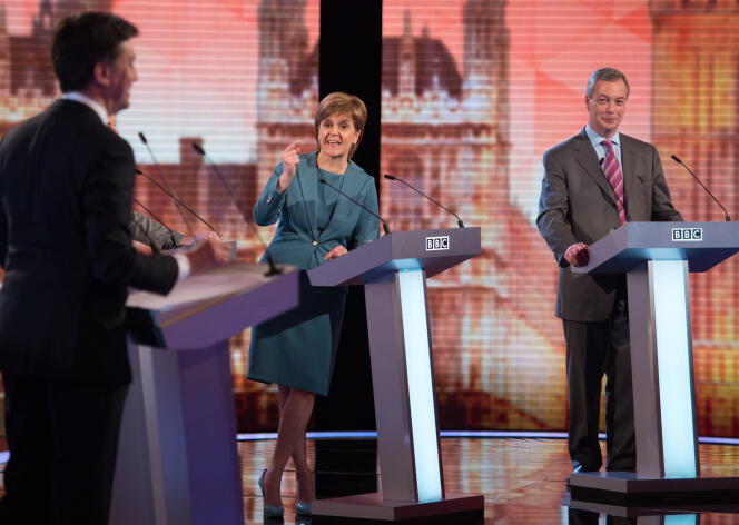 Lors du débat télévisé du 16 avril pour les élections législatives au Royaume-Uni.