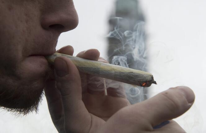 Un homme allume un joint de marijuana, lors d'une manifestation le 20 avril 2015 à Ottawa, au Canada.