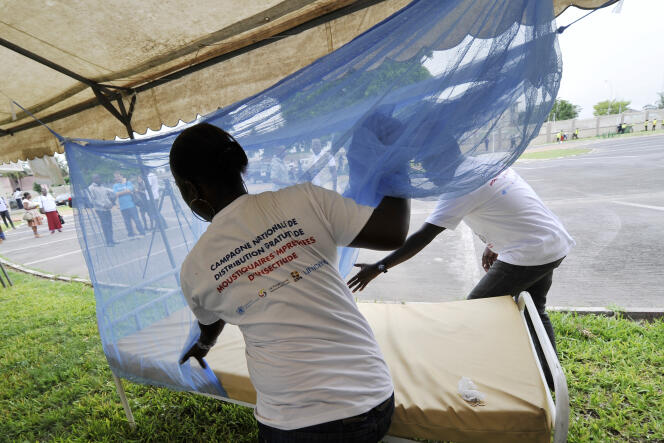 A Abidjan à l’occasion du World Malaria Day 2015, en avril 2015, des bénévoles expliquent comment utiliser une moustiquaire.