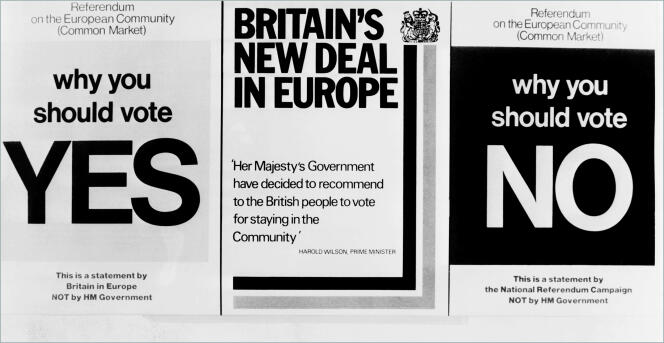 Photomontage daté du 3 mai 1975 montrant les trois livrets distribués aux électeurs par le gouvernement britannique sur l'appartenance de la Grande-Bretagne à la Communauté économique européenne (CEE), avant le réferendum de juin 1975.