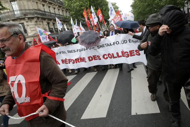 Sur le défilé de la manifestation des enseignants, en grêve contre la reforme du collège, à Paris, le 19 mai.