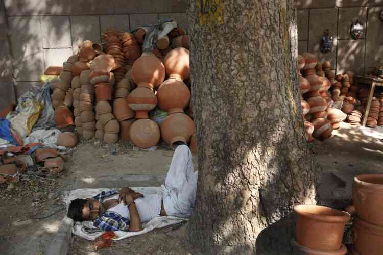 Un vendeur de poteries à l'ombre d'un arbre à New Delhi. En Inde, les pots de terre servent à stocker l'eau pendant l'été.