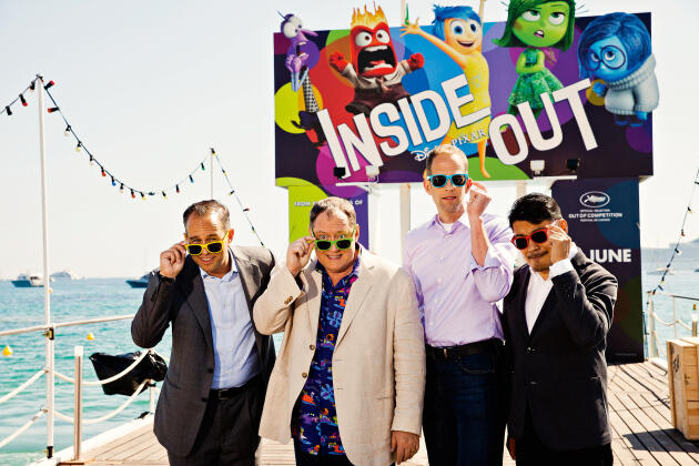 A Cannes, en mai, Pixar est venu présenter son dernier film, “Vice-Versa”. Ici, le producteur Jonas Rivera, le créateur John Lasseter, le réalisateur Pete Docter et le dessinateur Ronaldo Del Carmen (de gauche à droite).