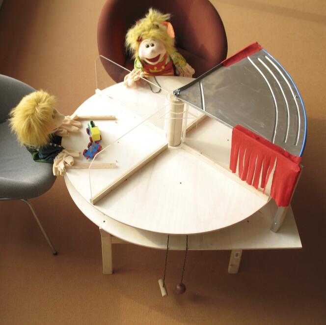 Une table tournante mettant en scène un jouet et deux marionnettes, une voleuse et une victime, a été utilisée pour tester le sens de la justice chez des enfants de 3 ans.
