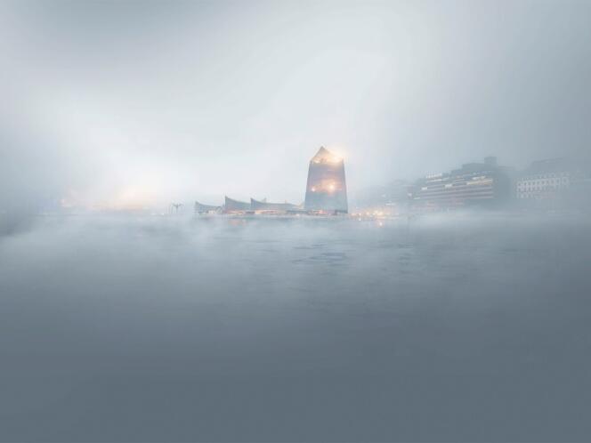 Vue d'artiste sous la brume du projet de l'agence Moreau Kusunoki pour le musée Guggenheim d'Helsinki.