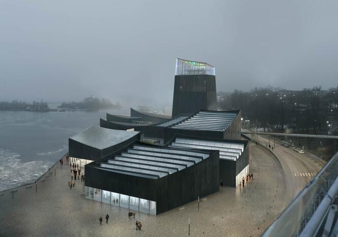 Vue d'artiste du musée Guggenheim d'Helsinki le soir, par l'agence lauréate Moreau Kusunoki Architectes