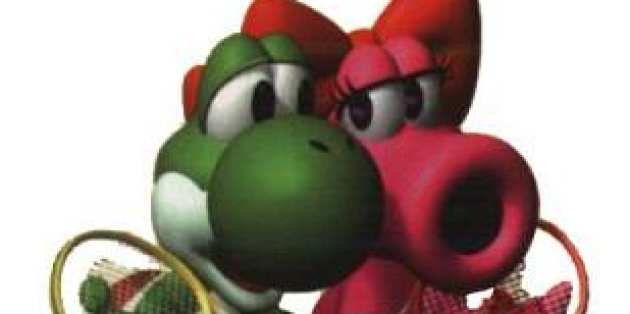 Yoshi le dinosaure supposé omnisexuel (à gauche) et Birdo l'ovipare souvent présenté comme transsexuel (à droite) semblent se compter fleurette dans les visuels promotionnels de "Mario Tennis", en 2000.