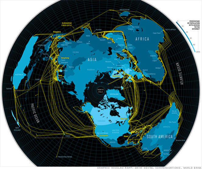 Plus de 250 cables sous-marins tissent le réseau Internet entre les cinq continents.
