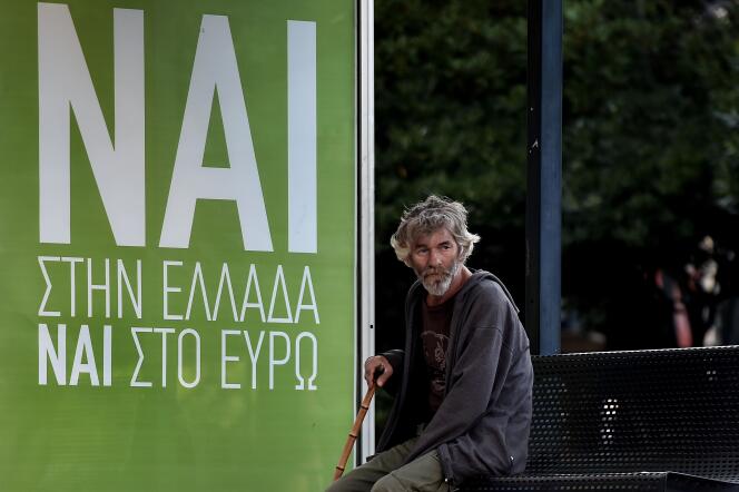 Panneau électoral en faveur du oui au référendum grec, à Athènes, le 2 juillet.