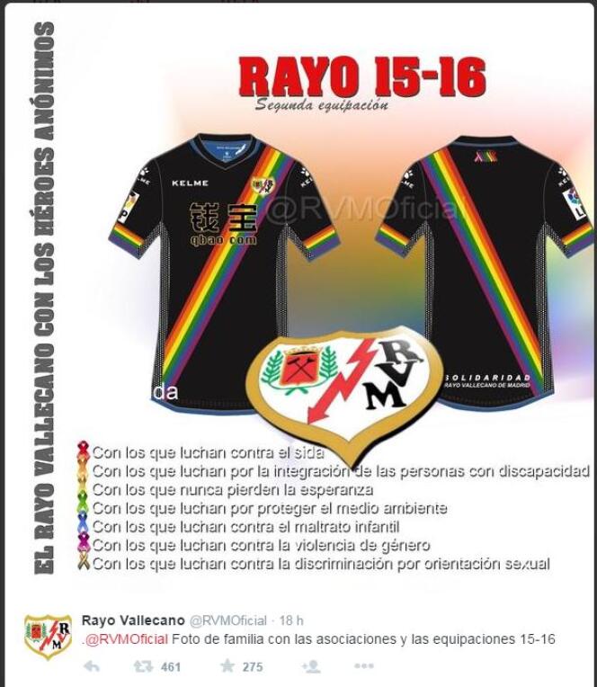 Le maillot extérieur du Rayo Vallecano reprend le drapeau arc-en-ciel de la communauté homosexuelle.