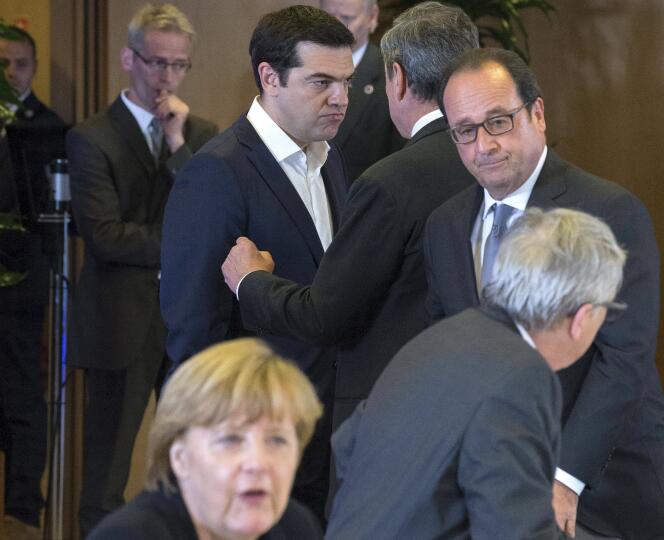 Angela Merkel, Alexis Tsipras et François Hollande, mardi 7 juillet à Bruxelles.