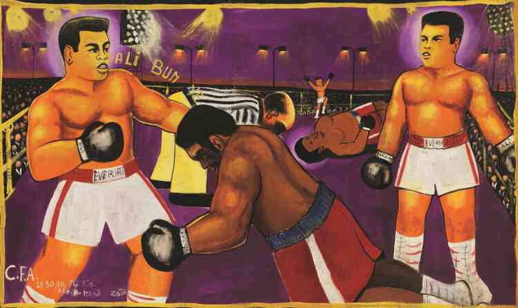 "Moke est le père de la peinture populaire, il s'inspire dans son travail d'événements urbains et de la vie quotidienne. Ici, il peint le match historique qui opposa Muhammad Ali et Georges Foreman en 1974 à Kinshasa."