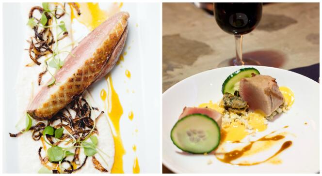Magret de canard à la braise (à gauche), à déguster à La Maison Bleue, et foie gras des Landes grillé au Braisenville.