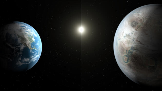 Vue d'artiste de l'exoplanète Kepler 452b, environ 60 % plus grande que la Terre.