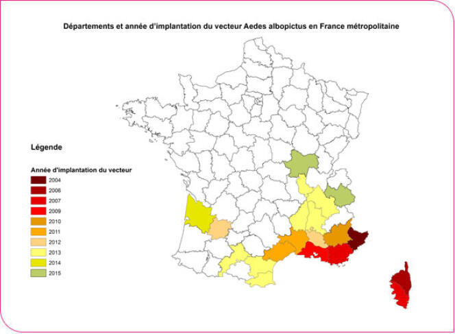 Département et année d'implantation du vecteur Aedes albopictus en France métropolitaine.