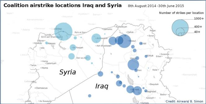 Les frappes aériennes en Syrie et en Irak, cartographiées par Airwars.org.