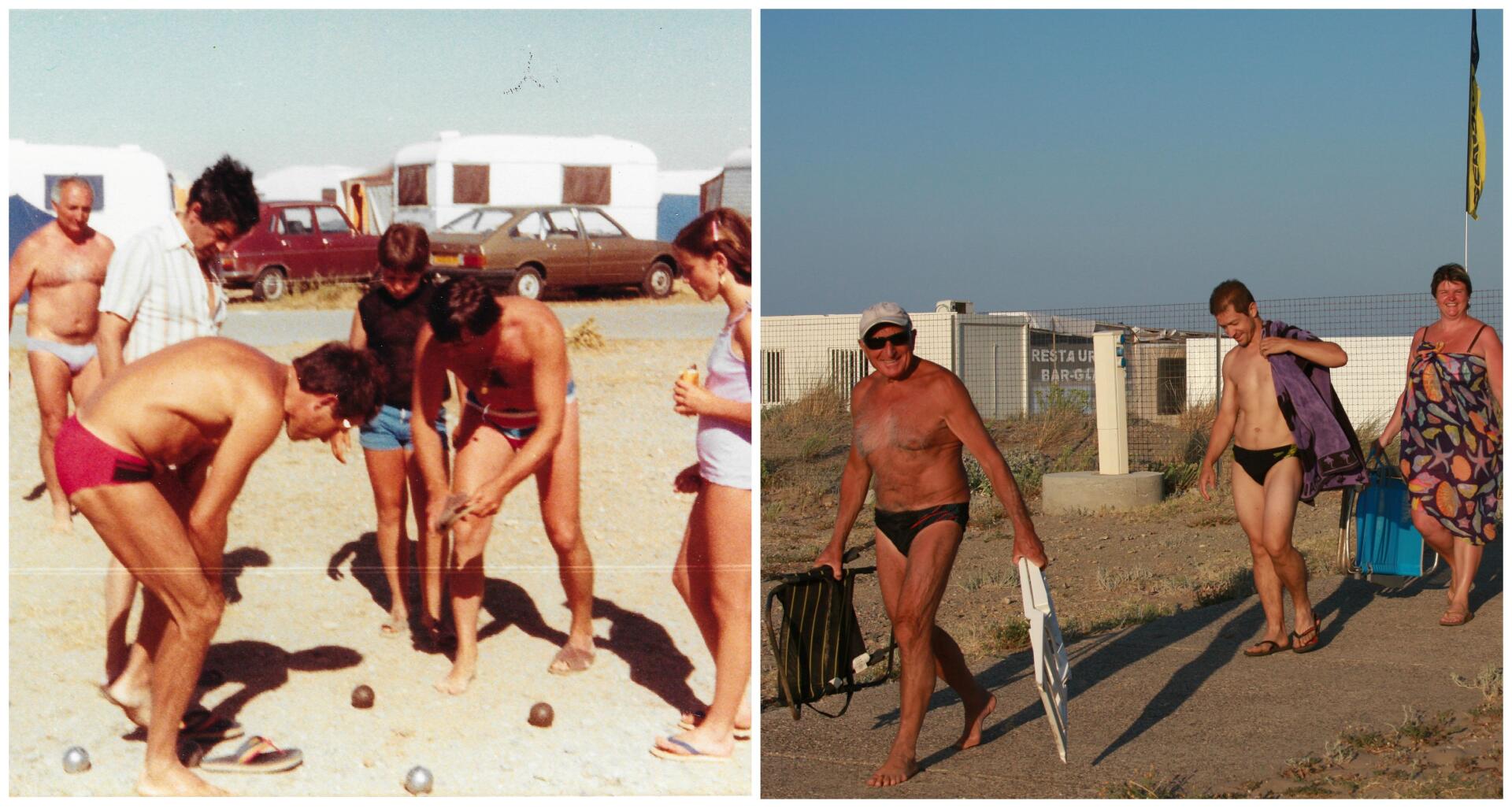 1984. "Dédé" (au fond à g.), son fils Jean-Paul (short bleu au milieu) et Fabienne (à dr.), en pleine partie de pétanque. A droite, les mêmes, en 2015, au retour de la plage. 