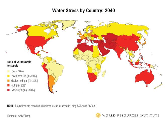Stress hydrique par pays en 2040