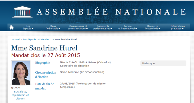 Capture d'écran de la page consacrée à Sandrine Hurel sur le site de l'Assemblée nationale.