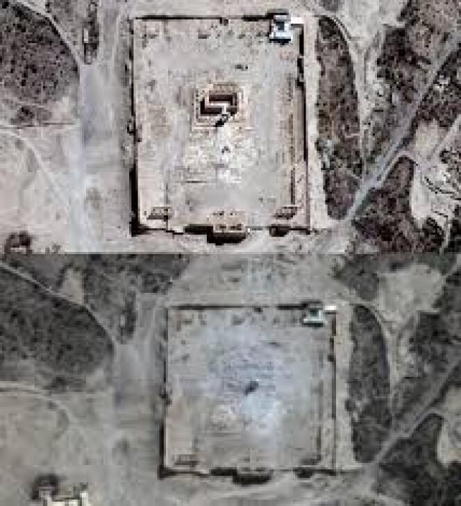 Deux images satellites du temple de Baal,  sanctuaire principal de Palmyre dédié à Bêl, le 
