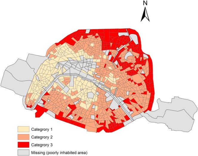 Répartition des habitants de Paris selon le statut socio-professionnel (catégorie 1 = plus aisées; catégorie 3 = plus défavorisées)