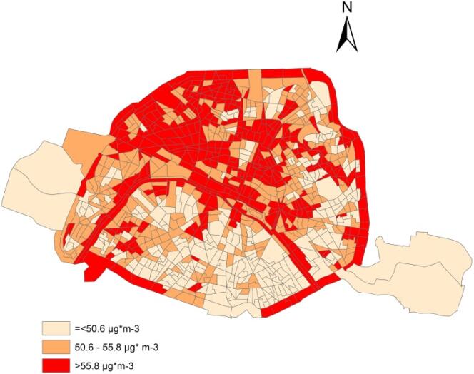 Concentrations moyennes annuelles de dioxyde d'azote (NO2) sur la période 2004 - 2009, sur le territoire parisien.