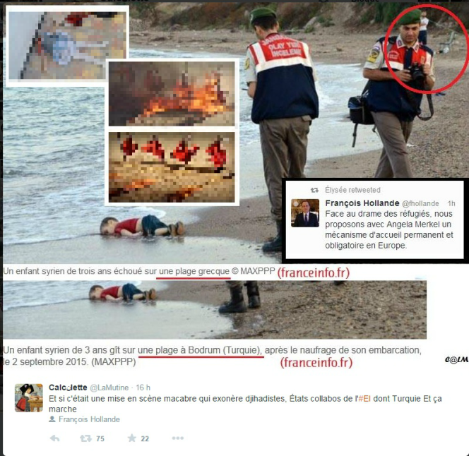 Capture d'un tweet agitant l'hypothèse d'une manipulation. Nous avons flouté les deux inserts d'image, le premier étant le cadavre d'une petite fille, le second des prisonniers de l'Etat islamique brûlés vifs.