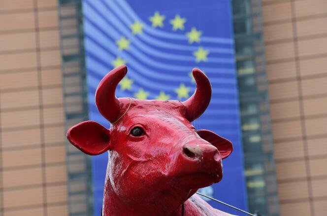 Devant la Commission européenne à Bruxelles lors d’une manifestation des éleveurs en 2015.