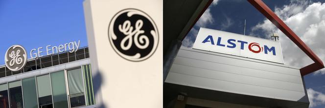 Cette combinaison de photos d’archives réalisée le 7 septembre 2015 montre une vue de GE Energy, l’un des principaux fournisseurs mondiaux de technologies de production et de distribution d’énergie, à Belfort, et une vue prise le 8 mars 2012 du de l’usine d’Alstom, à Aytré, près de La Rochelle.