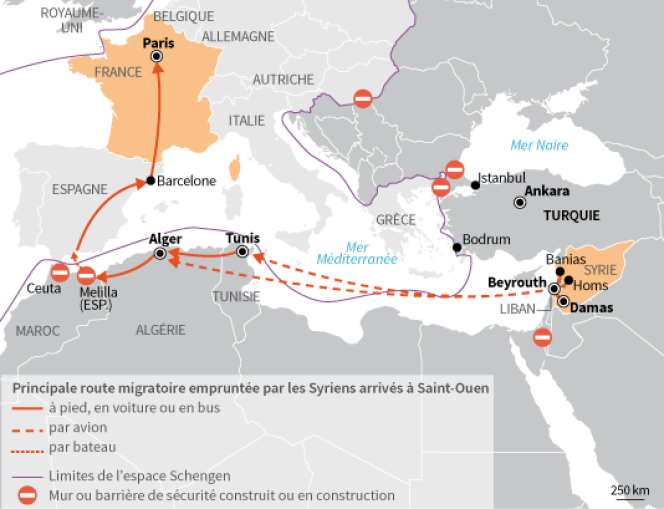 Principale route migratoire empruntée par les Syriens arrivés à Saint-Ouen.