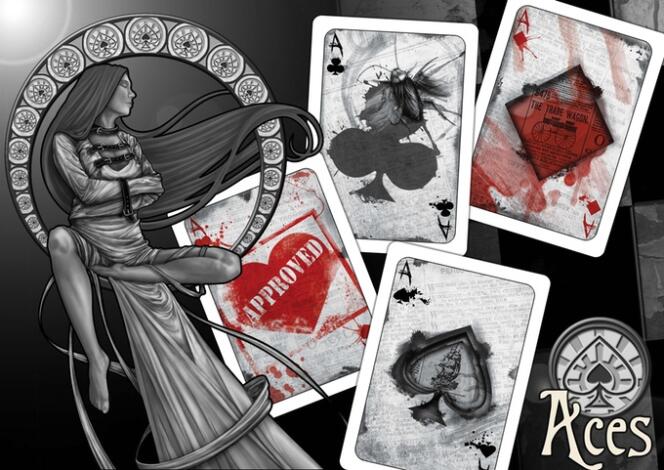 Images des cartes du jeu, dans un style qualifié par son créateur d’« horreur-rétro ».